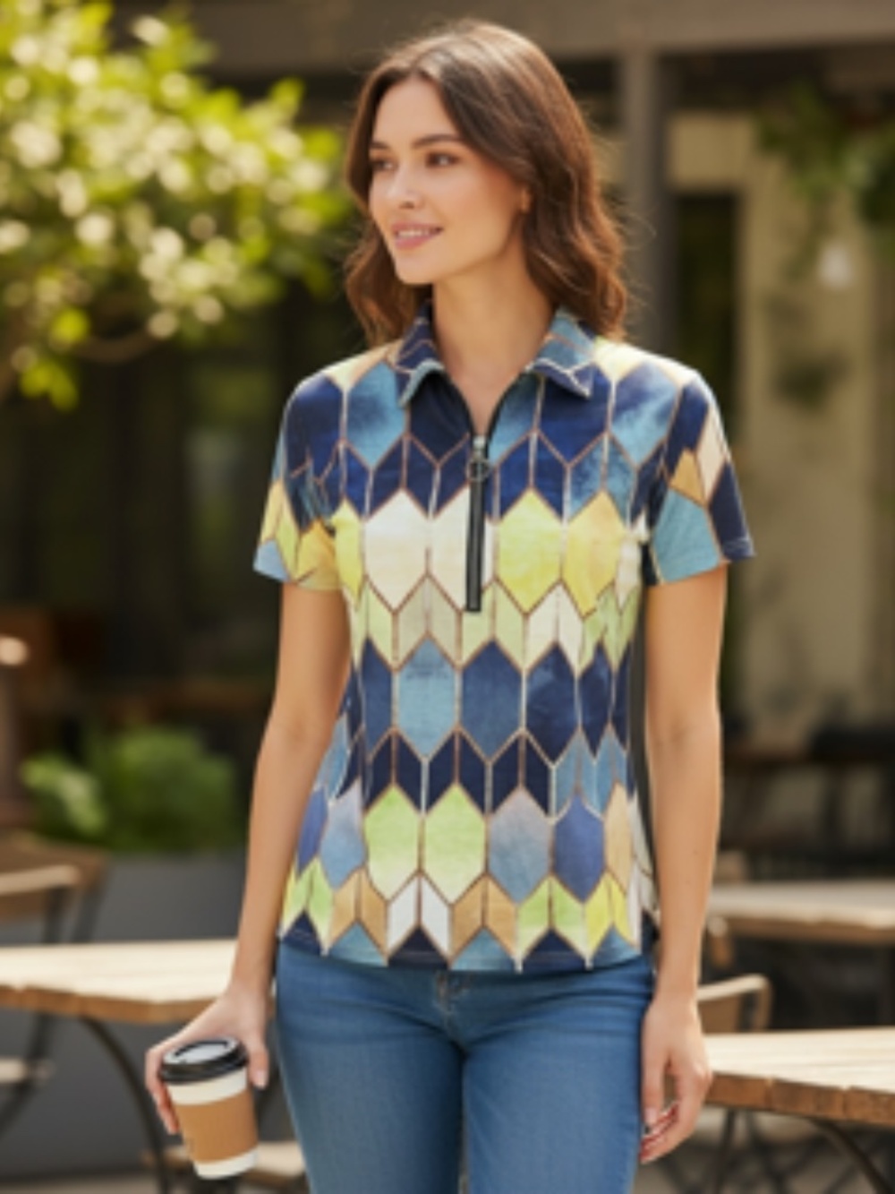 Geometric Modern Patterned Zip-Up Short Sleeve Multi-Colored Top Size M